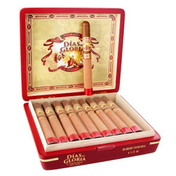 AJ Fernandez Dias de Gloria by AJ Fernandez Short Churchill Cigars 20Ct. Box, a red cigar box containing 20 cigars with a detailed label, opened to reveal the cigars inside. AJ Fernandez Dias de Gloria by AJ Fernandez Short Churchill Cigars 20Ct. Box, a red cigar box containing 20 cigars with a detailed label, opened to reveal the cigars inside.