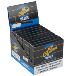 Inter-Continental Cigar Corporation Al Capone Natural Blues Cigarillos Pack of 100, display of pack containing 10 boxes of cigars, all natural leaf wrapper, featuring black and blue packaging design. Inter-Continental Cigar Corporation Al Capone Natural Blues Cigarillos Pack of 100, display of pack containing 10 boxes of cigars, all natural leaf wrapper, featuring black and blue packaging design.