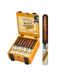 Alec Bradley Black Market Esteli Churchill Cigars 24Ct. Box, open wooden cigar box filled with 24 cigars and one cigars standing outside the box. Alec Bradley Black Market Esteli Churchill Cigars 24Ct. Box, open wooden cigar box filled with 24 cigars and one cigars standing outside the box.