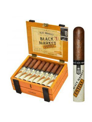 Alec Bradley Black Market Esteli Gordo Cigars 24Ct. Box, opened wooden box displaying a variety of cigars with a single cigar standing outside the box.