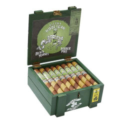 Alec Bradley Black Market Filthy Hooligan Barber Pole Toro Cigars 24Ct. Box, green wooden cigar box with cigars arranged inside and decorative branding on the lid