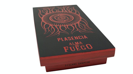 Plasencia Alma de Fuego Cigars Sampler 3ct, black and red cigar box with flame and spiral design.