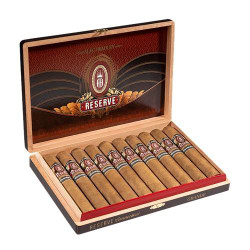 Alec Bradley Reserve Connecticut Toro Cigars 10Ct. Box, open wooden box containing ten cigars with Reserve branding. Alec Bradley Reserve Connecticut Toro Cigars 10Ct. Box, open wooden box containing ten cigars with Reserve branding.
