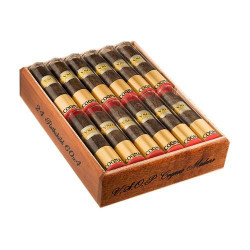 VSOP Cognac Maduro Cigars, a box of premium cigars neatly arranged in a wooden box, featuring branded bands with gold and red accents.