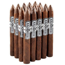 Arganese Habano Torpedo Cigars 20Ct. Pack, close-up of individually wrapped cigars with white and black labels displaying the brand name. Arganese Habano Torpedo Cigars 20Ct. Pack, close-up of individually wrapped cigars with white and black labels displaying the brand name.