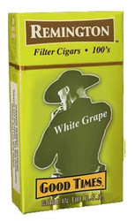 Remington Filtered Cigars White Grape, packaged cigarette box with a cowboy silhouette and flavor label. Remington Filtered Cigars White Grape, packaged cigarette box with a cowboy silhouette and flavor label.