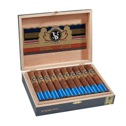 Victor Sinclair Connecticut Yankee Cigars, an opened wooden cigar box containing 20 robusto cigars with blue and gold bands, and a detailed interior lid design.