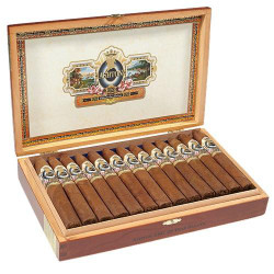 Ashton Cigars Ashton Estate Sun Grown 22-Year Salute Cigars 25Ct. Box, a wooden cigar box with 25 cigars neatly arranged inside and a decorative label on the inside of the lid.