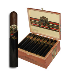 Ashton Cigars Ashton VSG Cigars Eclipse Tubos 24Ct. Box, a wooden box containing 24 black wrapped cigars with gold and red accents, and a single cigar outside the box with similar design.