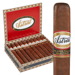 Astral Talanga Valley Series Churchill Cigars 20Ct. Box, image showing a red and gold cigar box with cigars inside and a close-up of one cigar with band.