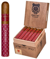 Asylum 13 Authentic Corojo Double Churchill Cigars 30Ct. Box, wooden cigar box with 7 cigars wrapped in red banded wrappers inside.