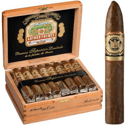 Arturo Fuente Don Carlos Belicoso Cigars 25 Ct. Box, open wooden box filled with cigars and a single cigar standing upright beside it.