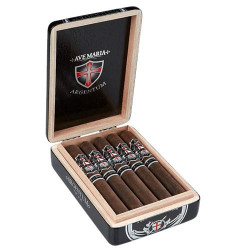 AJ Fernandez Ave Maria Argentum Gordo Extra Cigar 10Ct. Box, an open wooden box filled with ten cigars with black and red band labels. AJ Fernandez Ave Maria Argentum Gordo Extra Cigar 10Ct. Box, an open wooden box filled with ten cigars with black and red band labels.