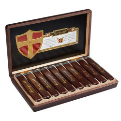AJ Fernandez Ave Maria Reconquista Torpedo (w/ Coffin) Cigars 10Ct. Box, wooden cigar box with ten cigars and crest logo inside lid AJ Fernandez Ave Maria Reconquista Torpedo (w/ Coffin) Cigars 10Ct. Box, wooden cigar box with ten cigars and crest logo inside lid