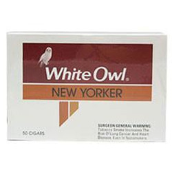 Swedish Match White Owl New Yorker Cigars Box, front view of the white rectangular box with red and orange accents and a white owl logo. Swedish Match White Owl New Yorker Cigars Box, front view of the white rectangular box with red and orange accents and a white owl logo.