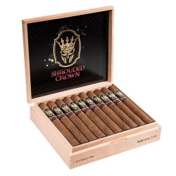 Shrouded Crown San Andres Claro Cigars, a box of premium cigars with a wooden case and a black interior with gold and red logo and branding.