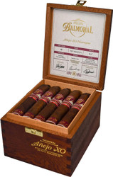 Scandinavian Tobacco Balmoral Anejo XO Nicaragua Petit Robusto FT Cigars 20Ct. Box, open wooden cigar box displaying five premium cigars with red and gold bands inside. The inside of the lid features detailed cigar specifications and signatures.