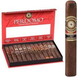 Perdomo Connoisseur Collection Sun Grown Cigars 12ct. Box, featuring a red box with cigars displayed inside and a single cigar standing upright next to the box. Perdomo Connoisseur Collection Sun Grown Cigars 12ct. Box, featuring a red box with cigars displayed inside and a single cigar standing upright next to the box.