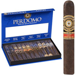 Perdomo Connoisseur Collection Maduro Cigars 12ct. Box, a blue box containing 12 cigars with labels, and one cigar standing upright displaying its band.