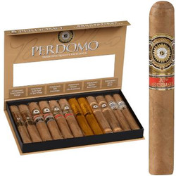 Perdomo Connoisseur Collection Connecticut Cigars 12ct Box, a box of premium cigars with a sleek open lid displaying various cigars inside and one cigar standing upright outside the box.
