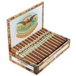 San Cristobal Elegancia Cigars, a box of premium cigars with colorful decorative packaging and wooden finish.