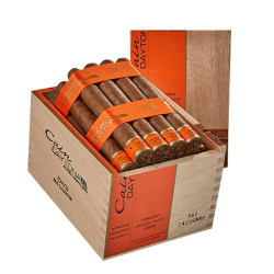Oliva Cigars Cain Daytona by Oliva No. 4 Cigars 24Ct. Box, a wooden box containing 24 cigars with orange bands and packaging. Oliva Cigars Cain Daytona by Oliva No. 4 Cigars 24Ct. Box, a wooden box containing 24 cigars with orange bands and packaging.