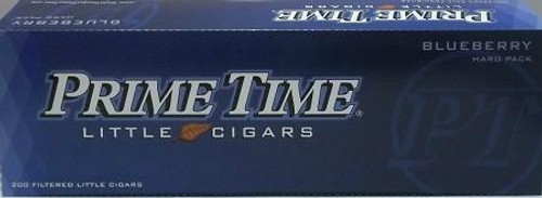 Prime Time Little Cigars Blueberry, packaging box with blue design and product name for blueberry flavored little cigars Prime Time Little Cigars Blueberry, packaging box with blue design and product name for blueberry flavored little cigars