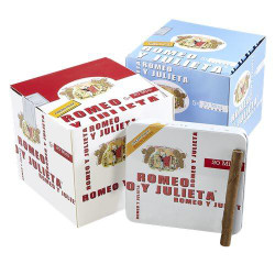 Romeo y Julieta Miniatures Cigars, a box of small cigars with a single mini cigar placed in front of the box.