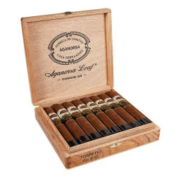 Casa Fernandez Aganorsa Corojo Torpedo (Box-Pressed) Cigars, a wooden box containing 15 cigars with a natural brown wrapper and gold and white band, displayed open to show the cigars inside.