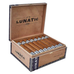 Casa Fernandez JFR Lunatic Habano Lunatic Cigars 28Ct. Box, open wooden cigar box with neatly arranged cigars inside. Casa Fernandez JFR Lunatic Habano Lunatic Cigars 28Ct. Box, open wooden cigar box with neatly arranged cigars inside.
