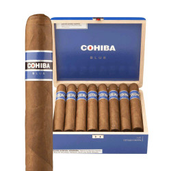Cohiba Blue Gigante Cigars 15Ct. Box, a wooden box with a blue interior containing 15 cigars and one cigar outside the box, all featuring blue and white labels.