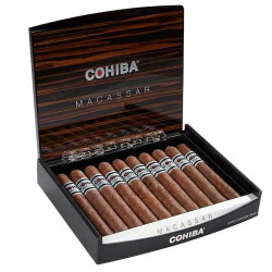 Cohiba Macassar Toro Grande Cigars 10 Ct. Box, open box showing ten premium cigars with banding inside a wooden presentation box. Cohiba Macassar Toro Grande Cigars 10 Ct. Box, open box showing ten premium cigars with banding inside a wooden presentation box.