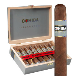 General Cigar Cohiba Nicaragua N En Crystale Cigars 8Ct. Box, an open wooden cigar box containing eight cigars with one cigar placed outside the box, featuring a sleek band with the Cohiba logo and Nicaragua branding.