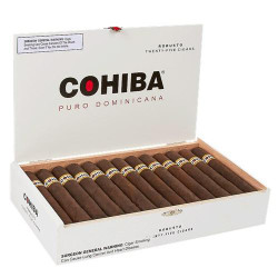 General Cigar Cohiba Puro Dominicana Robusto Cigars 25Ct. Box, open white box showcasing 25 tapered brown cigars with band logos. General Cigar Cohiba Puro Dominicana Robusto Cigars 25Ct. Box, open white box showcasing 25 tapered brown cigars with band logos.