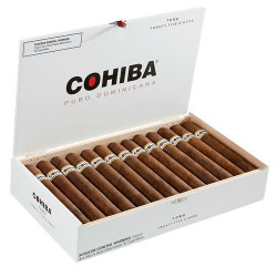 General Cigar Cohiba Puro Dominicana Toro Cigars 25Ct. Box, open box showing neatly arranged cigars with white and blue bands, inside white packaging with COHIBA logo on lid. General Cigar Cohiba Puro Dominicana Toro Cigars 25Ct. Box, open box showing neatly arranged cigars with white and blue bands, inside white packaging with COHIBA logo on lid.