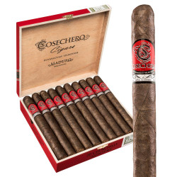 Cosechero Maduro Churchill Cigars 20Ct. Box, opened wooden box containing 20 cigars with red and silver bands, and a single cigar displayed outside the box.