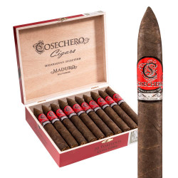 Cosechero Maduro Torpedo Cigars 20Ct. Box, an open wooden box containing twenty cigars with red and black labels, and a single Maduro Torpedo cigar with a red label outside the box. Cosechero Maduro Torpedo Cigars 20Ct. Box, an open wooden box containing twenty cigars with red and black labels, and a single Maduro Torpedo cigar with a red label outside the box.