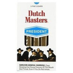 Dutch Masters Cigars President Pack, a pack of cigarillos in a white box with red and blue branding and an illustration of five men in suits and hats. Dutch Masters Cigars President Pack, a pack of cigarillos in a white box with red and blue branding and an illustration of five men in suits and hats.