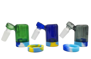 14MM 45 Degree Mini Worked Dab Reclaim Catcher Assorted Bundle, set of colorful glass reclaim catchers with matching rings, ideal for vaporizer and dab rig filtration.