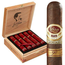Padron 1926 Series 90th Tubo Maduro Cigars 10Ct. Box, featuring a set of cigars in a wooden box with a logo and text, and a single tubo cigar with a gold and brown band.