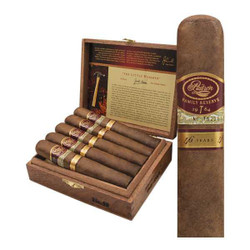 Padron 1926 Series Family Reserve #45 Natural Cigars 10 Ct. box, featuring a wooden cigar box containing ten hand-rolled cigars with bands, alongside an individual cigar with band on a white background.