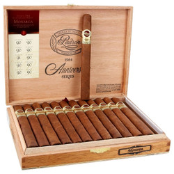 Padron 1964 Anniversary Series Monarca Natural Cigars 25Ct. Box, open wooden box with 25 cigars and a single cigar standing upright.