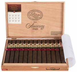 Padron 1964 Anniversary Series Imperiales Maduro Cigars 25Ct. Box, open wooden box showing 25 cigars with gold and red bands, inside lid features logo and product details.