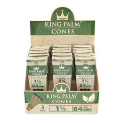King Palm Natural 3pk Pre-Rolled Palm Cones 15ct Display - 1 ¼ Size 84mm, retail display box containing pre-rolled palm cones in individual packs. King Palm Natural 3pk Pre-Rolled Palm Cones 15ct Display - 1 ¼ Size 84mm, retail display box containing pre-rolled palm cones in individual packs.