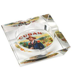 Quality Importers Humidors Lotus Cuban Vista Collection Ashtray - Cuban, decorative ashtray featuring a colorful Cuban-themed design with a man in traditional attire surrounded by tropical scenery.