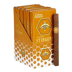 Cuban Honey Stingers Cigarillos Honey Pack of 30, a box of cigars featuring honey flavor and honey bee logo design. Cuban Honey Stingers Cigarillos Honey Pack of 30, a box of cigars featuring honey flavor and honey bee logo design.