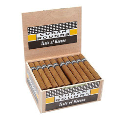 Cuban Rounds Natural Churchill Cigars 20Ct. Pack, open wooden box displaying 20 cigars with band, featuring design elements and branding on packaging. Cuban Rounds Natural Churchill Cigars 20Ct. Pack, open wooden box displaying 20 cigars with band, featuring design elements and branding on packaging.