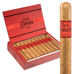 Dark Domain Connecticut Churchill Cigars 20Ct. Box, a red box open to reveal 20 cigars with red labels, and one cigar is shown close-up, wrapped in brown tobacco leaf with a red and black band.