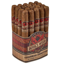 Devil's Weed Connecticut Churchill Cigars 20Ct. Box, a pack of 20 cigars with a detailed label, arranged upright in a decorative box.