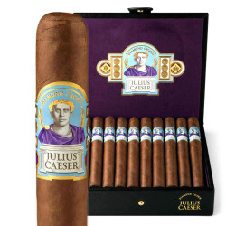 Diamond Crown Julius Caeser Robusto Cigars 20 Count Box, close-up of a single cigar with colorful label featuring Julius Caesar portrait and purple robe, open box with multiple cigars inside.
